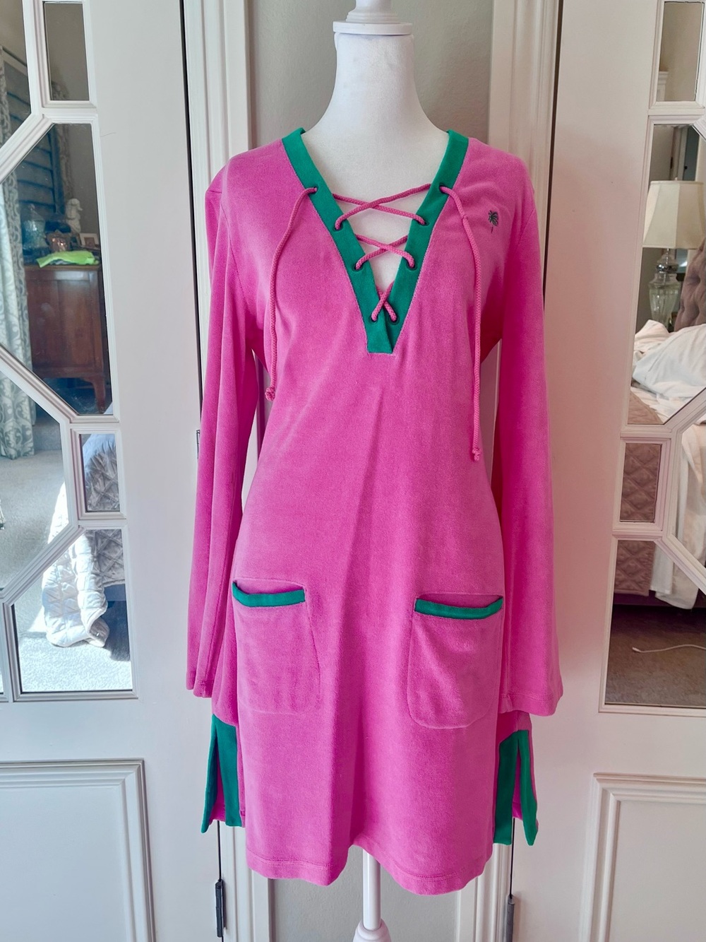 Lilly Pulitzer Vintage Pink Terry Cloth Lace Up Beach Cover Up Dress Green Sz M